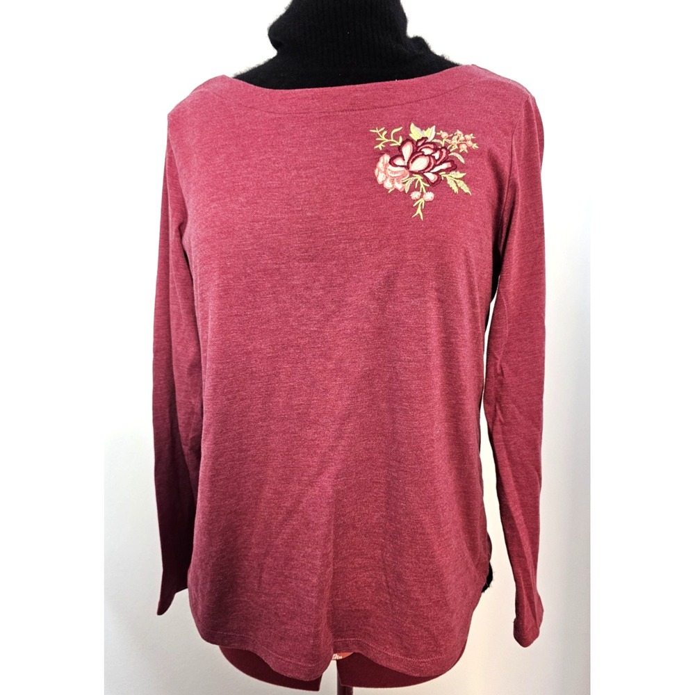 St. John's Bay Women's Embroidered Floral Top Long Sleeve Mauve Burgundy Size M